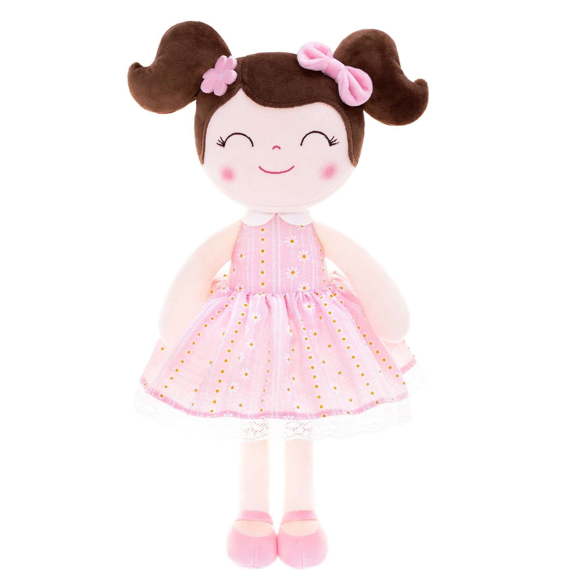 Light Pink Plush Doll With Dark Brown Hair - Image 3