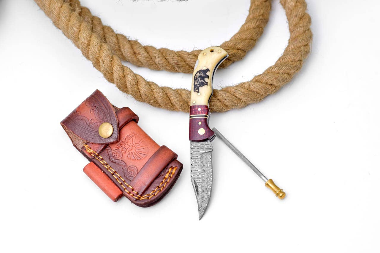 Bear Engraved Damascus Folding Knife with Leather Sheath - Image 3