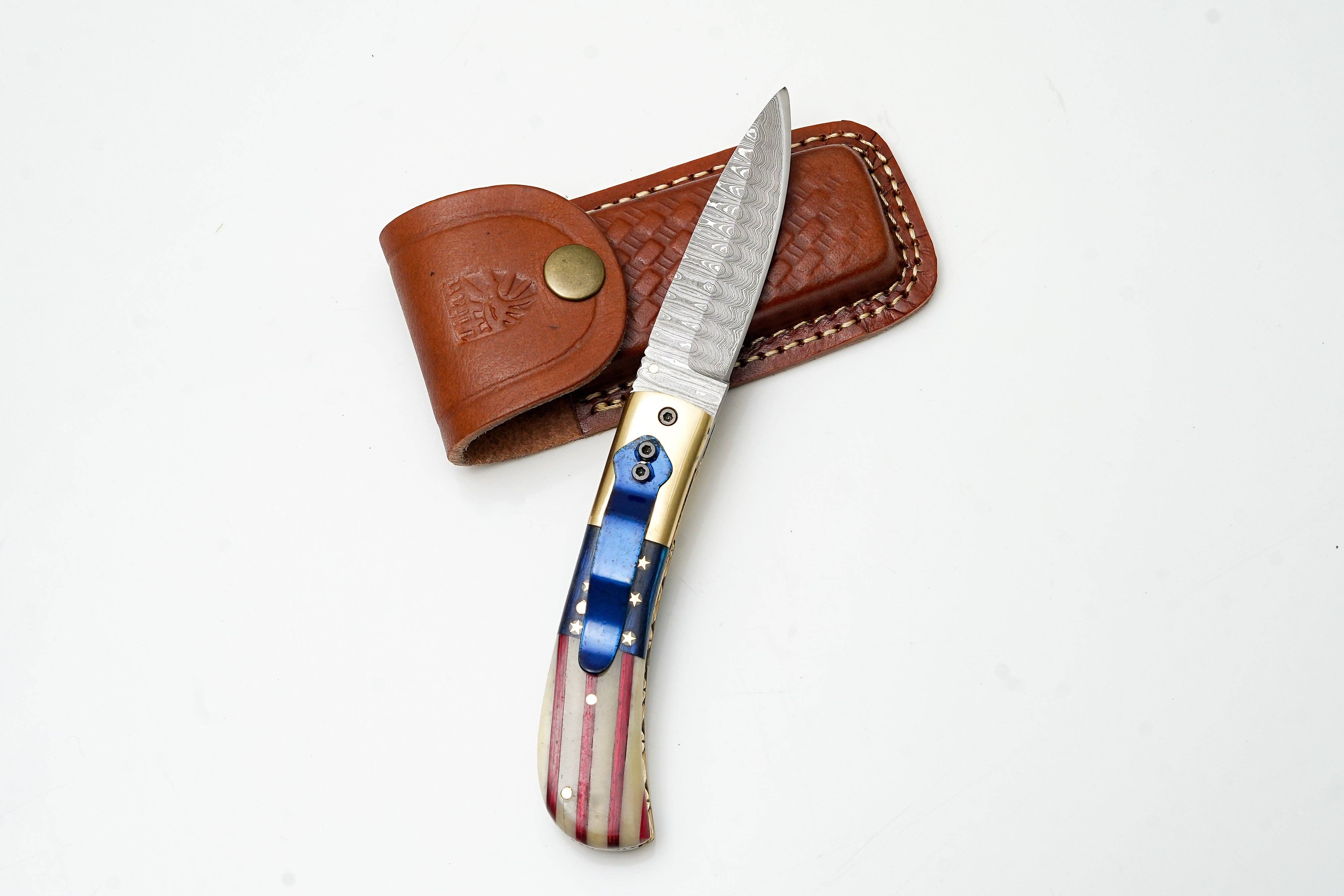 Patriotic American Flag Folding Knife -Hand-Forged Damascus Steel - Image 2