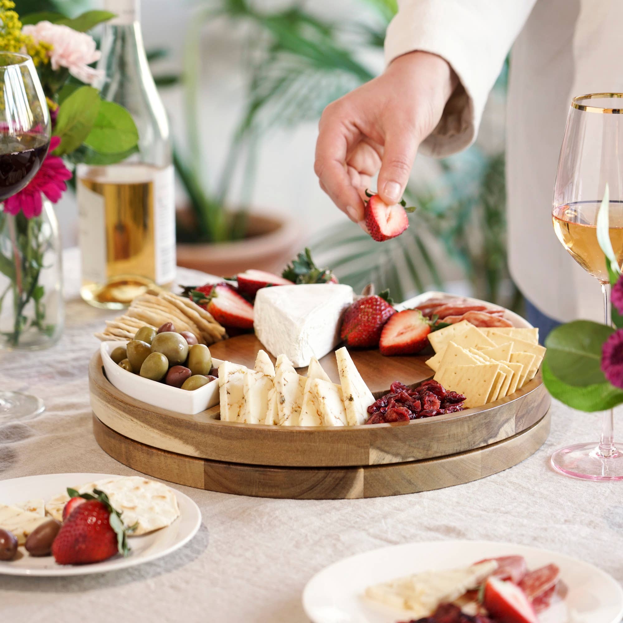 13 inch Rotating Acacia Charcuterie Board w 2 Ceramic Bowls - Image 3