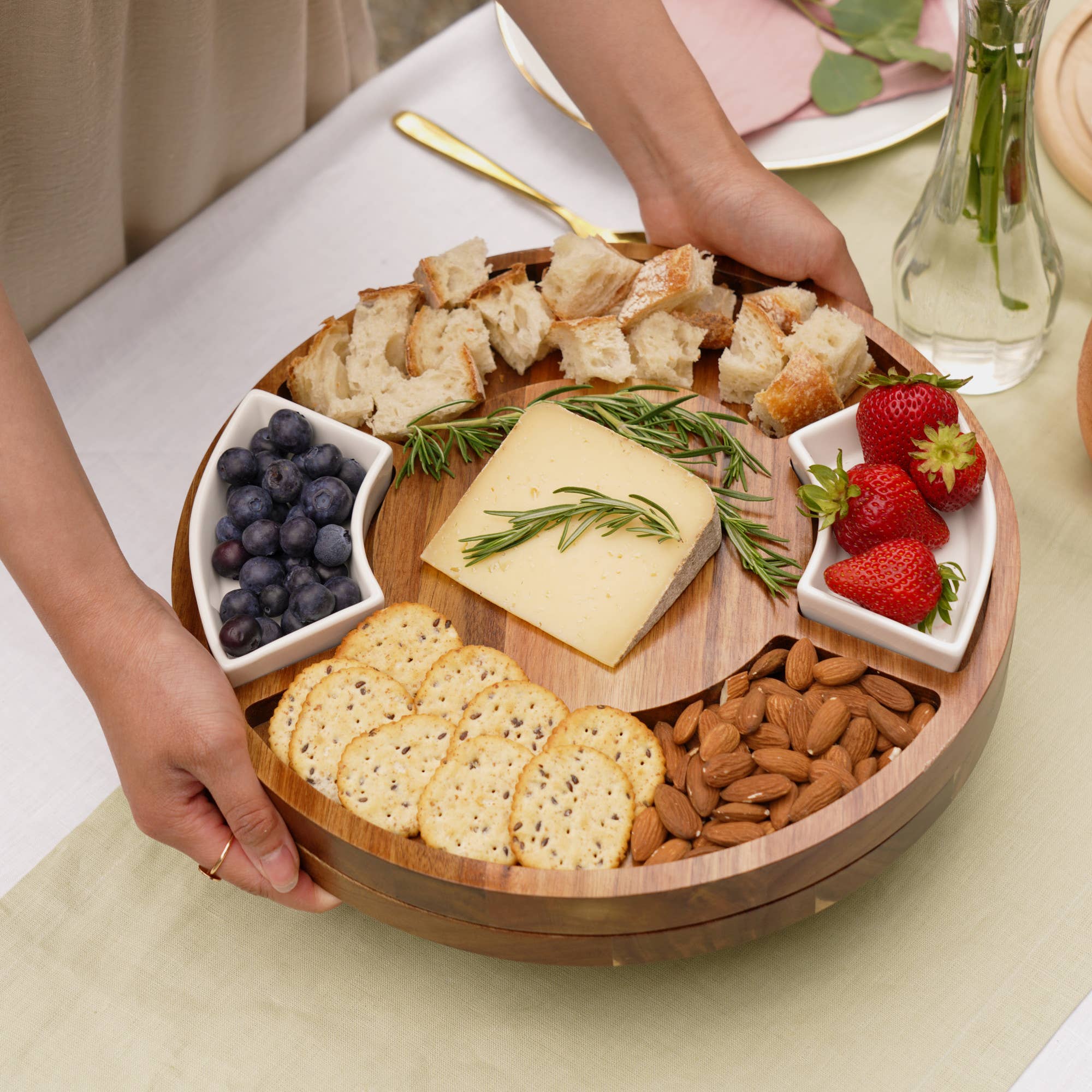 13 inch Rotating Acacia Charcuterie Board w 2 Ceramic Bowls - Image 4