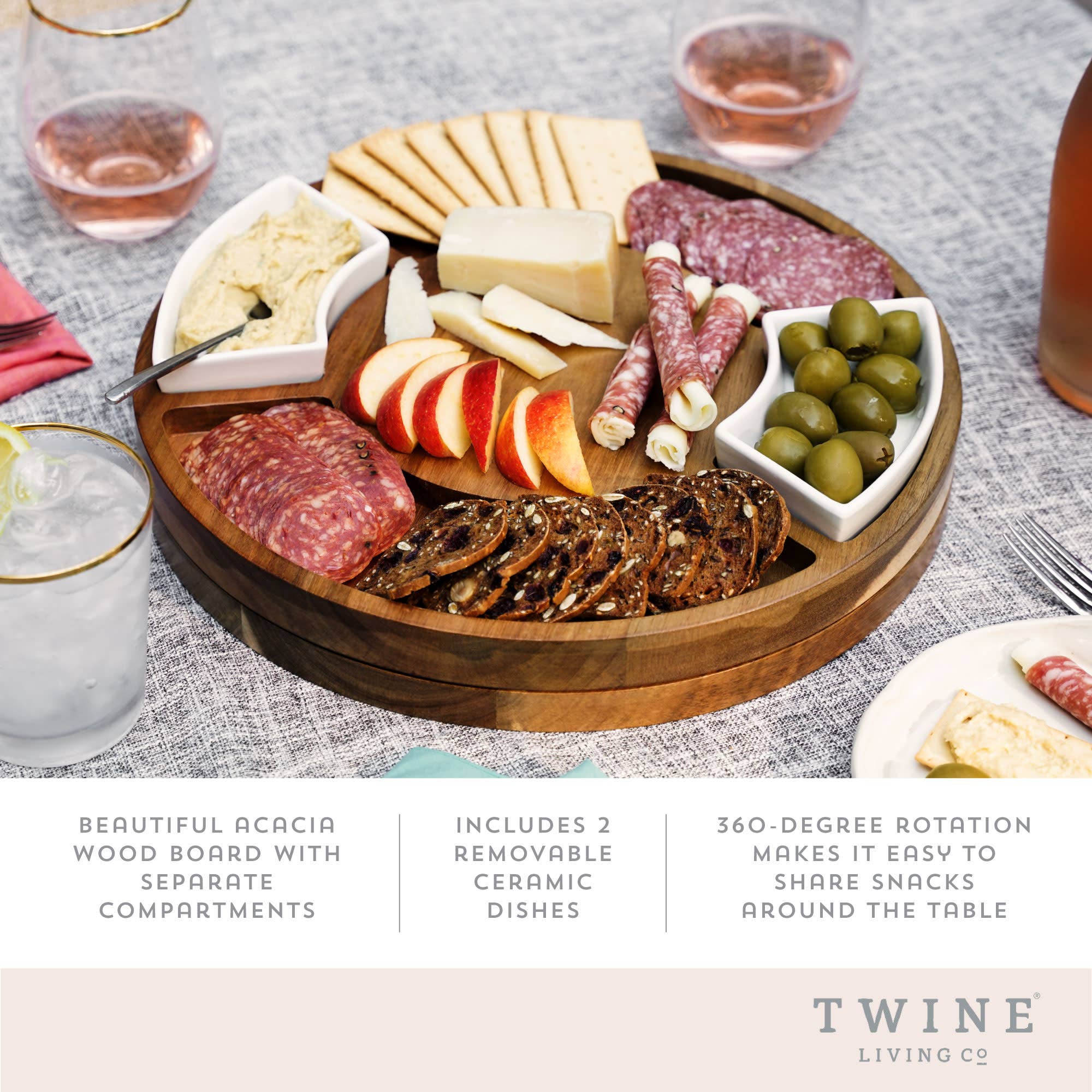 13 inch Rotating Acacia Charcuterie Board w 2 Ceramic Bowls - Image 5