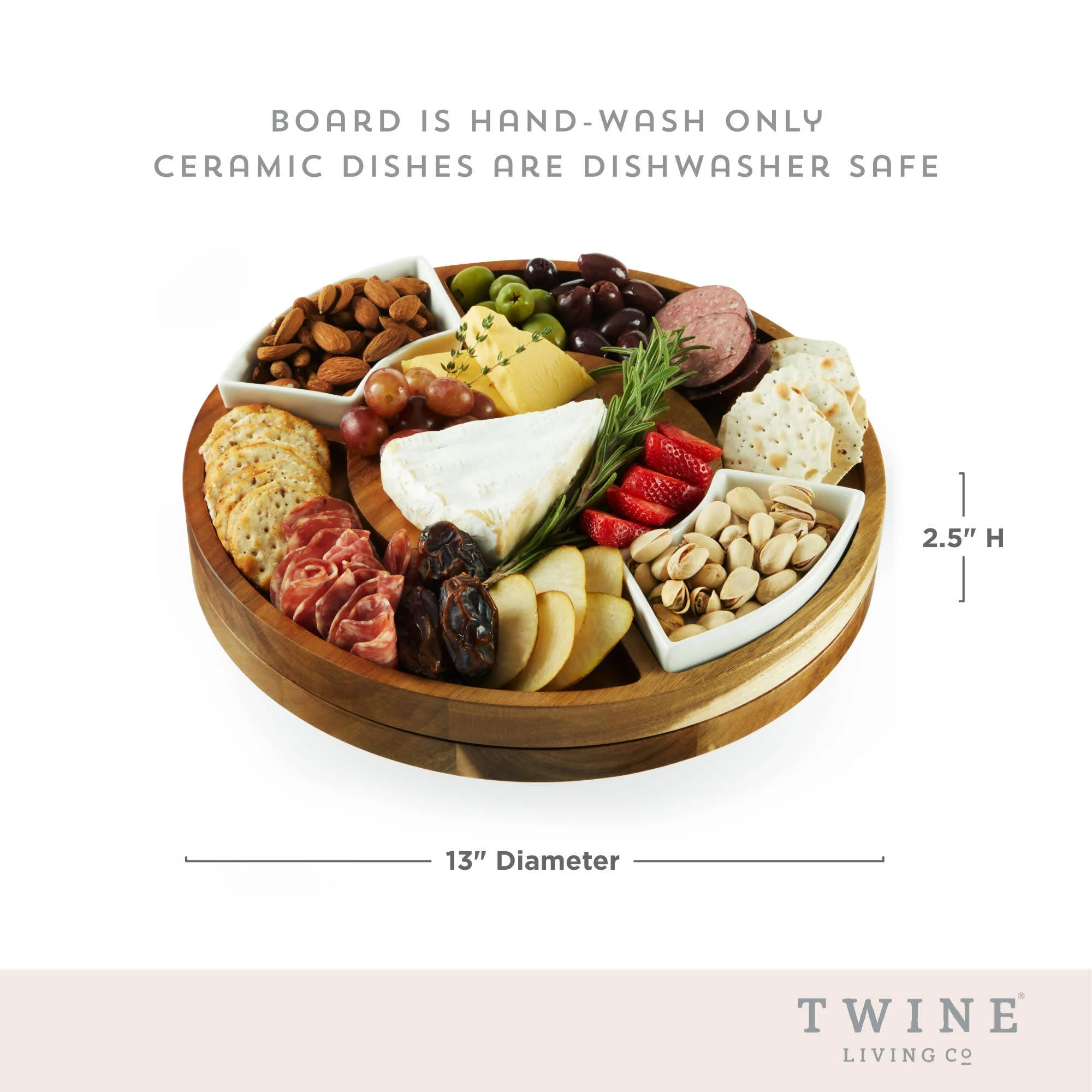 13 inch Rotating Acacia Charcuterie Board w 2 Ceramic Bowls - Image 6