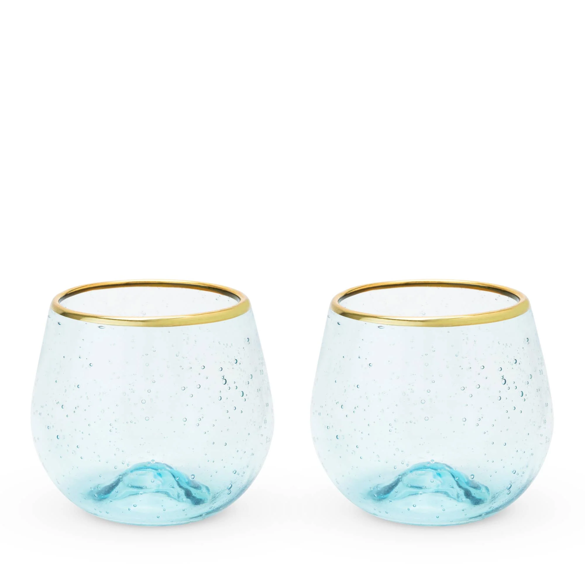 Aqua Bubble Stemless Glasses with Gold Plated Rims Set of 2