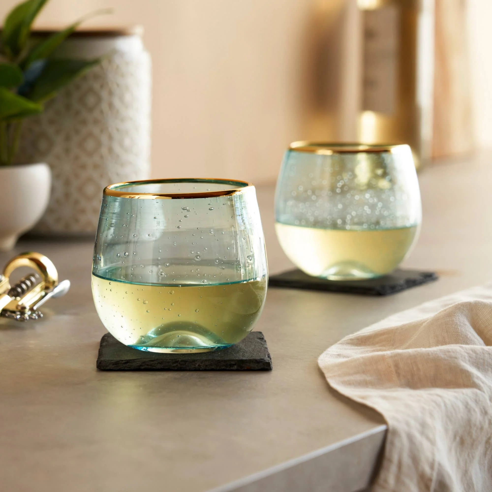 Aqua Bubble Stemless Glasses with Gold Plated Rims Set of 2 - Image 3