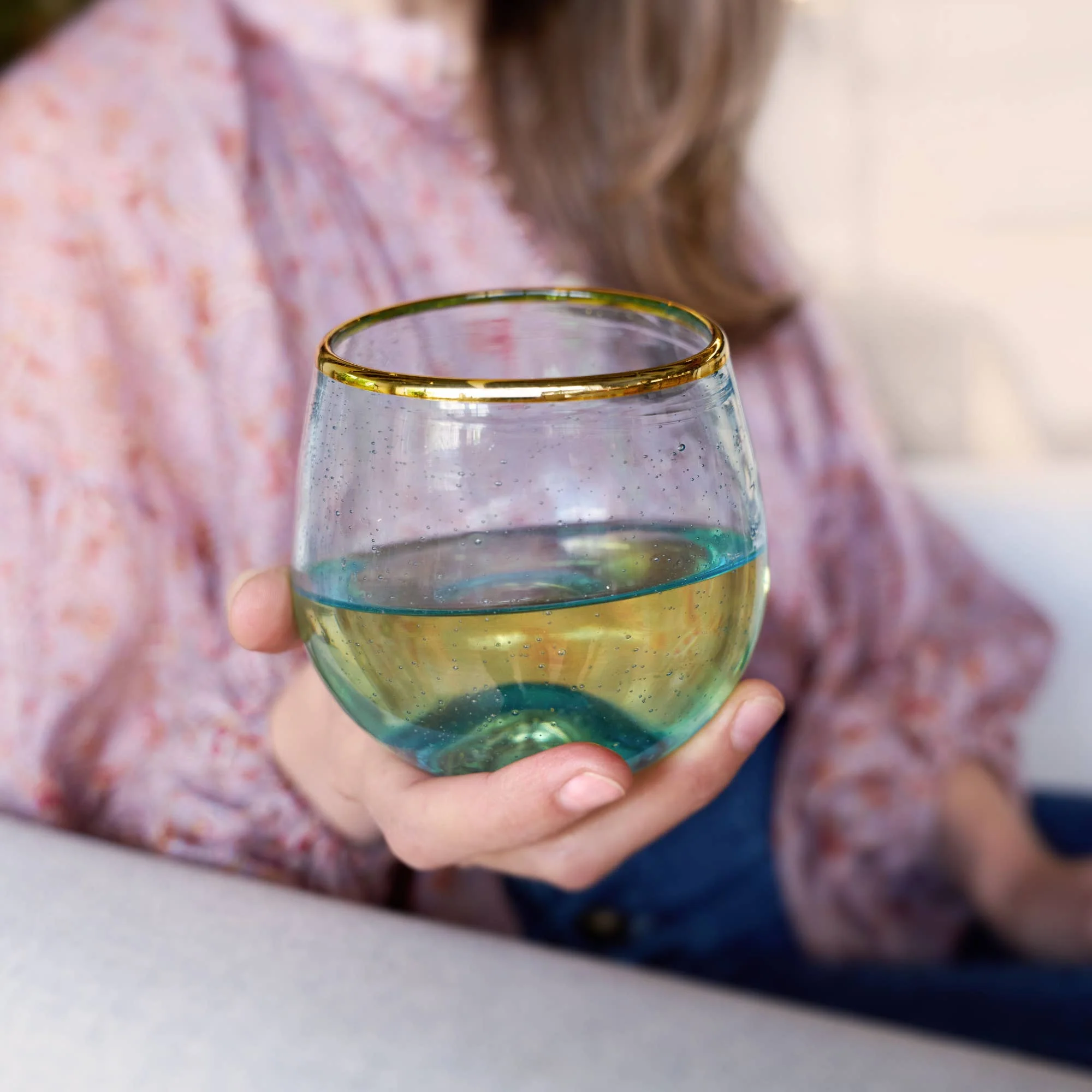Aqua Bubble Stemless Glasses with Gold Plated Rims Set of 2 - Image 4