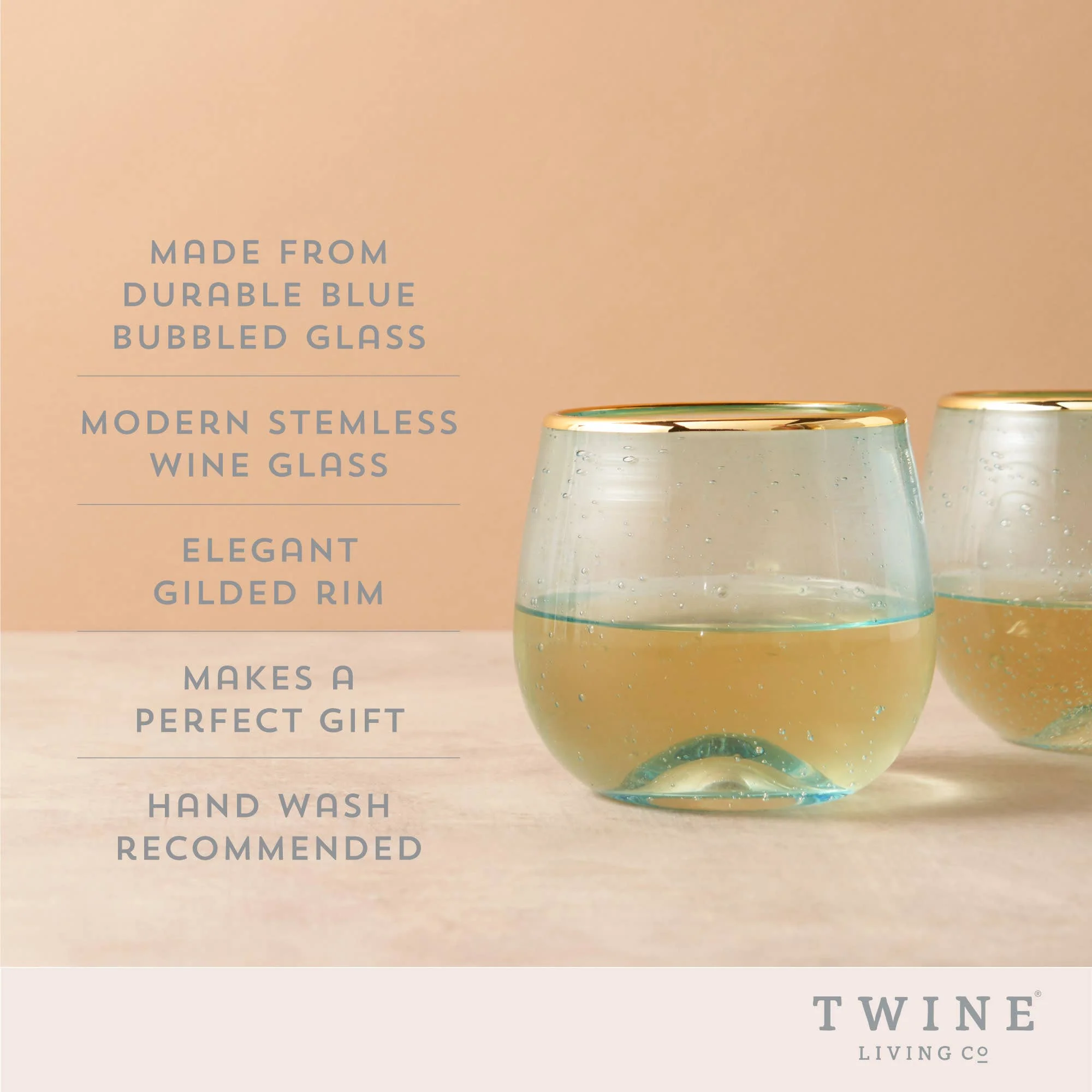 Aqua Bubble Stemless Glasses with Gold Plated Rims Set of 2 - Image 5