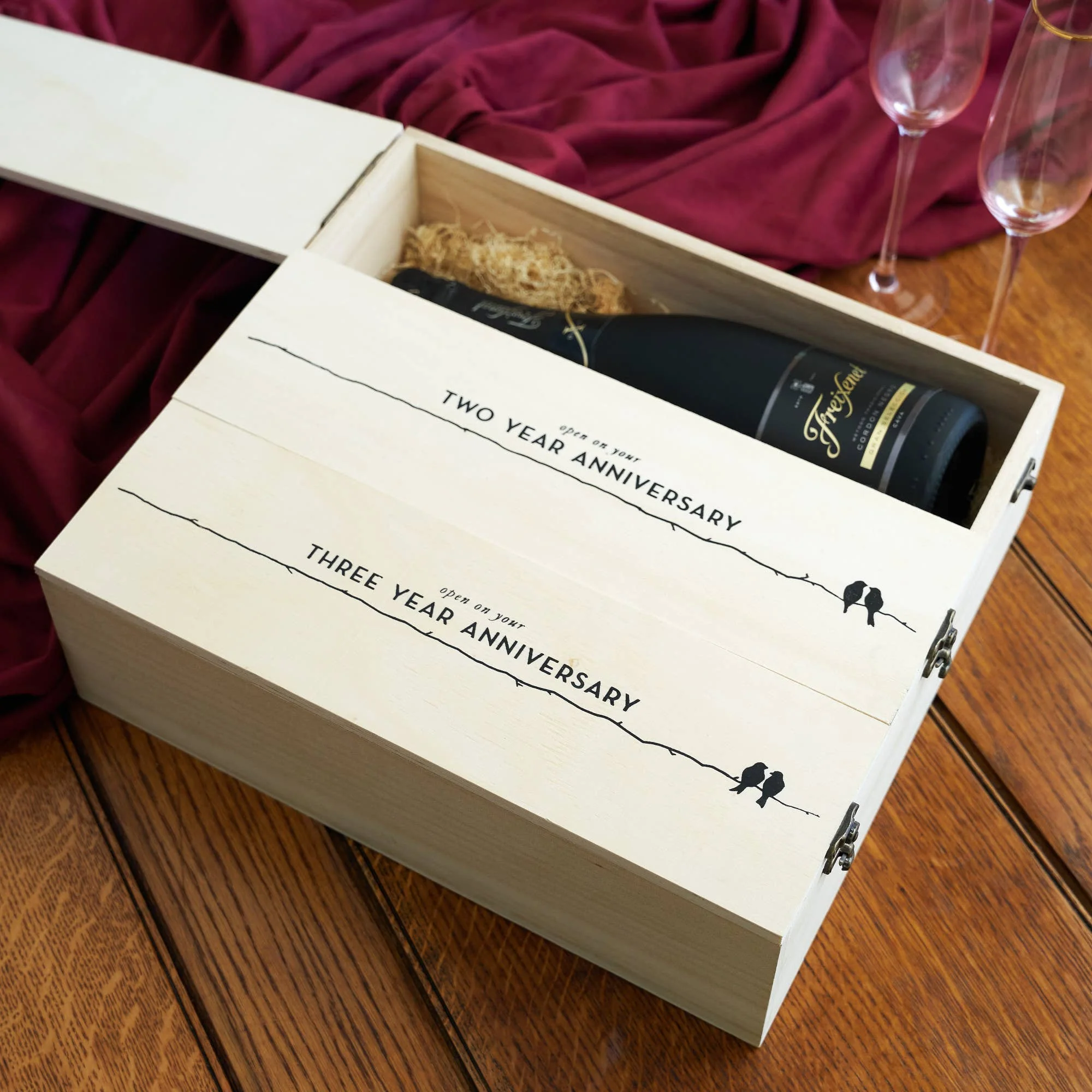 Newlyweds Anniversary Pine Wood Wine Bottle Gift Box - Image 3