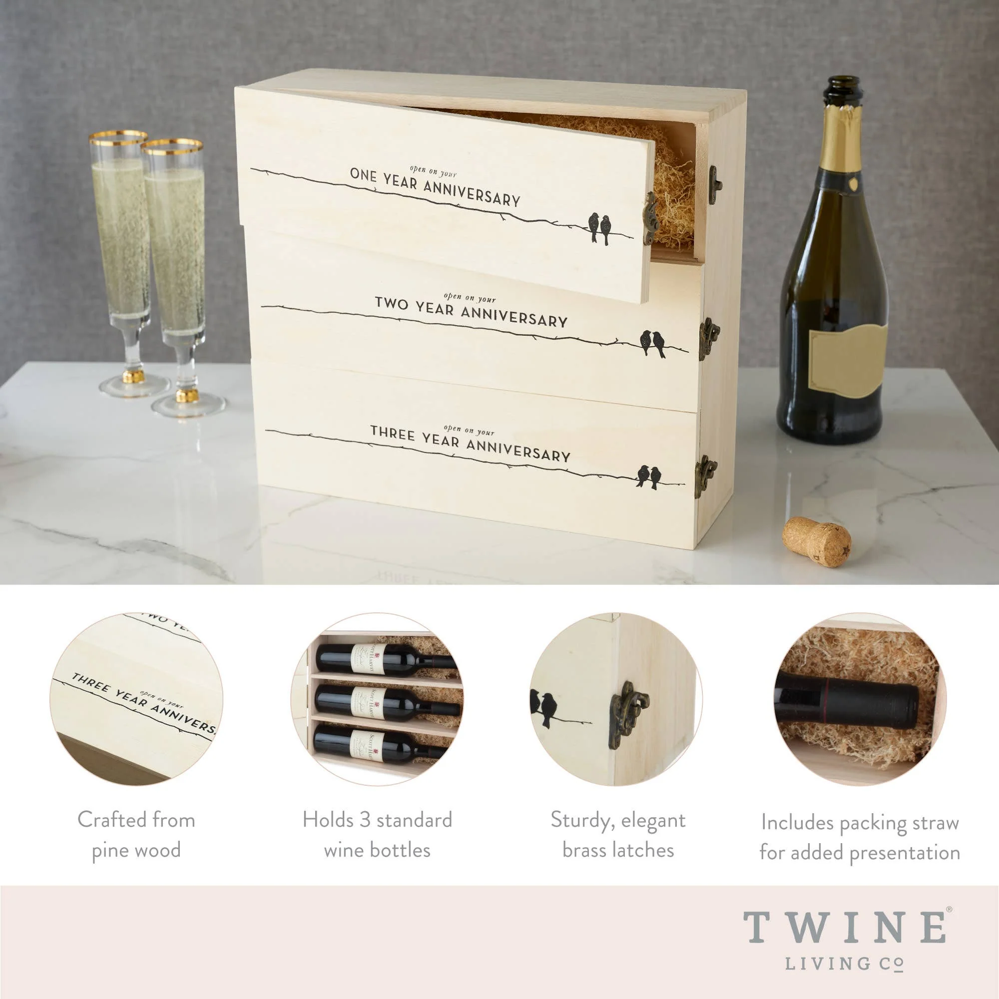 Newlyweds Anniversary Pine Wood Wine Bottle Gift Box - Image 5