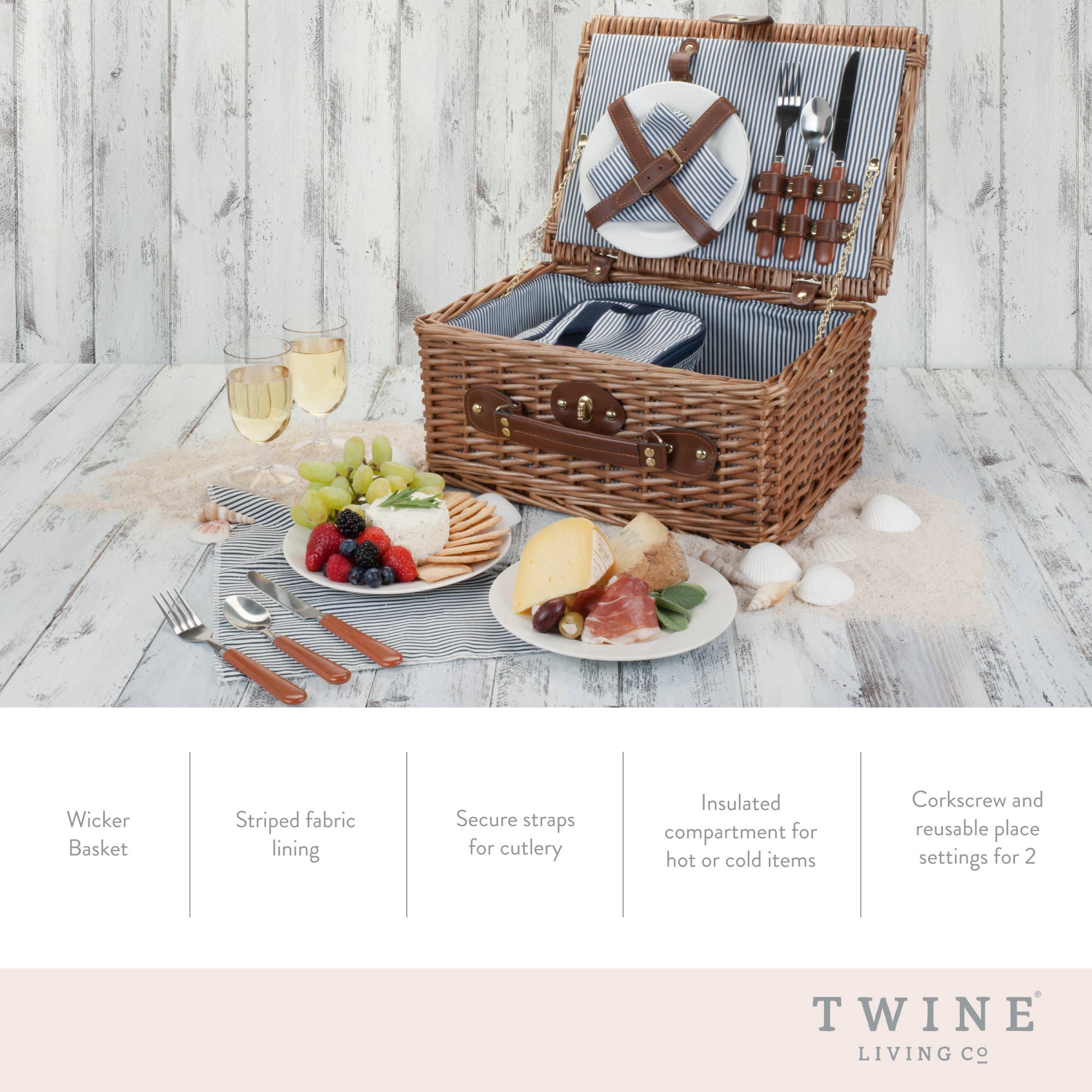 Newport Woven Wicker Picnic Basket Set w Insulated Carrier - Image 4