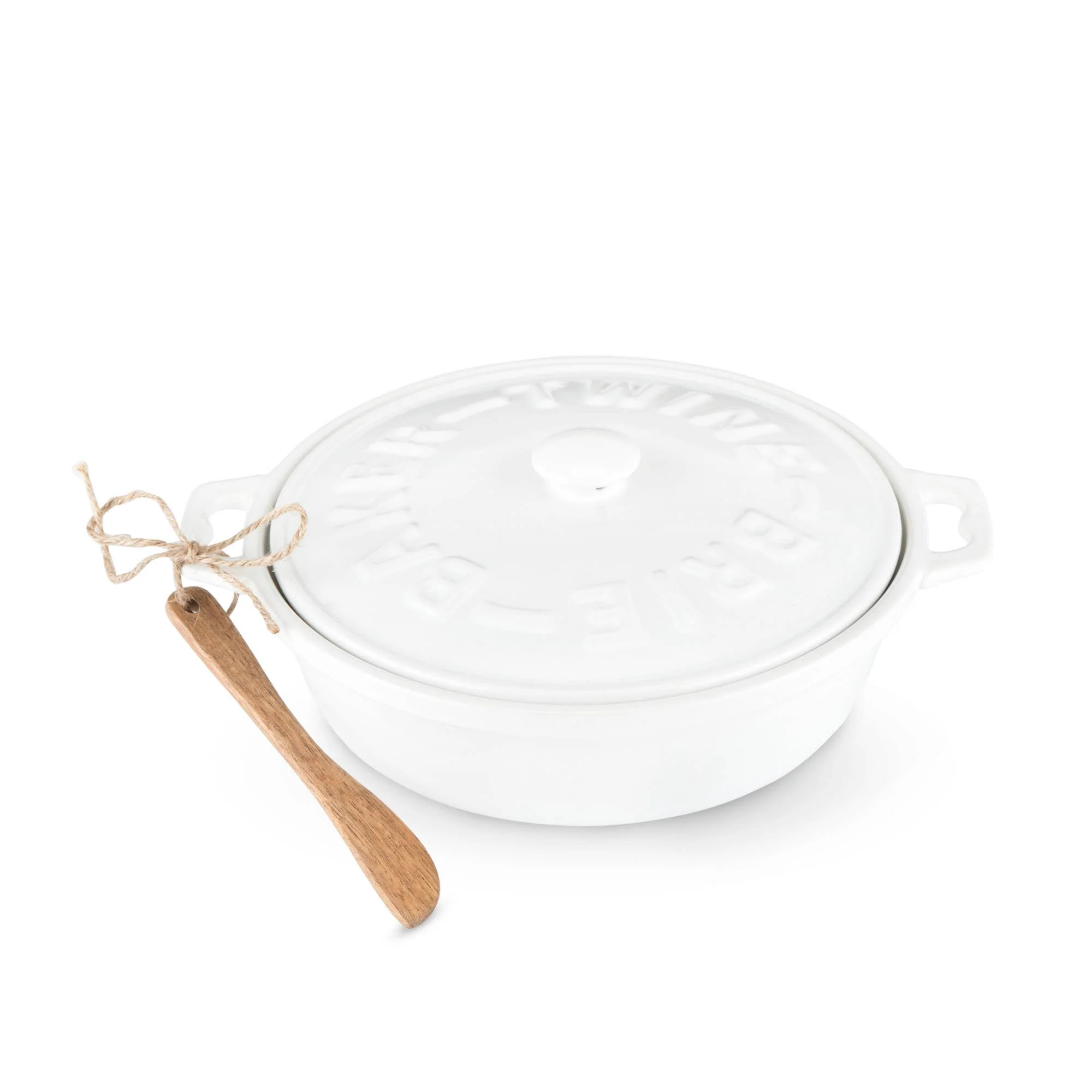 White Ceramic Brie Baker and Lid with Acacia Spreader