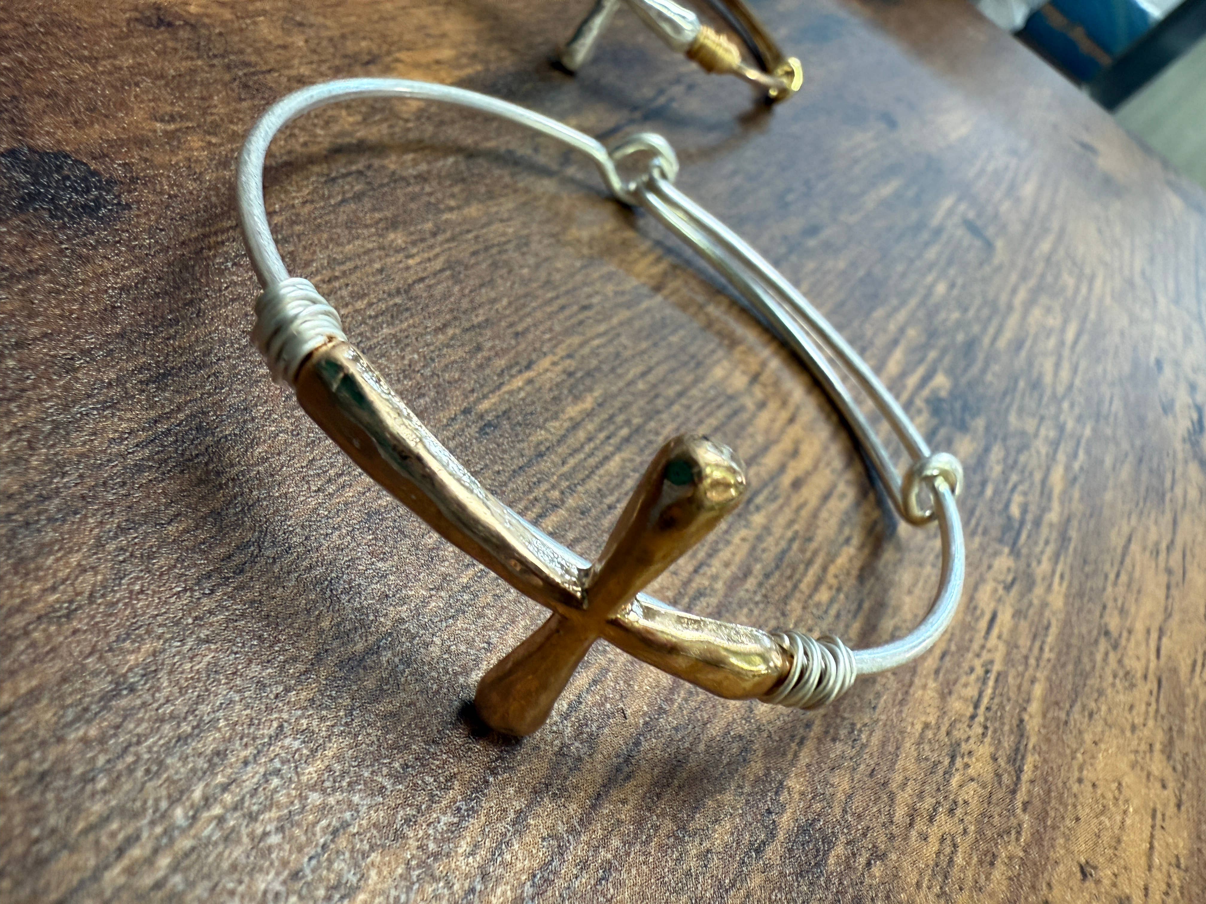 Two-tone Wire Wrapped Cross Bangle Bracelet - Image 11