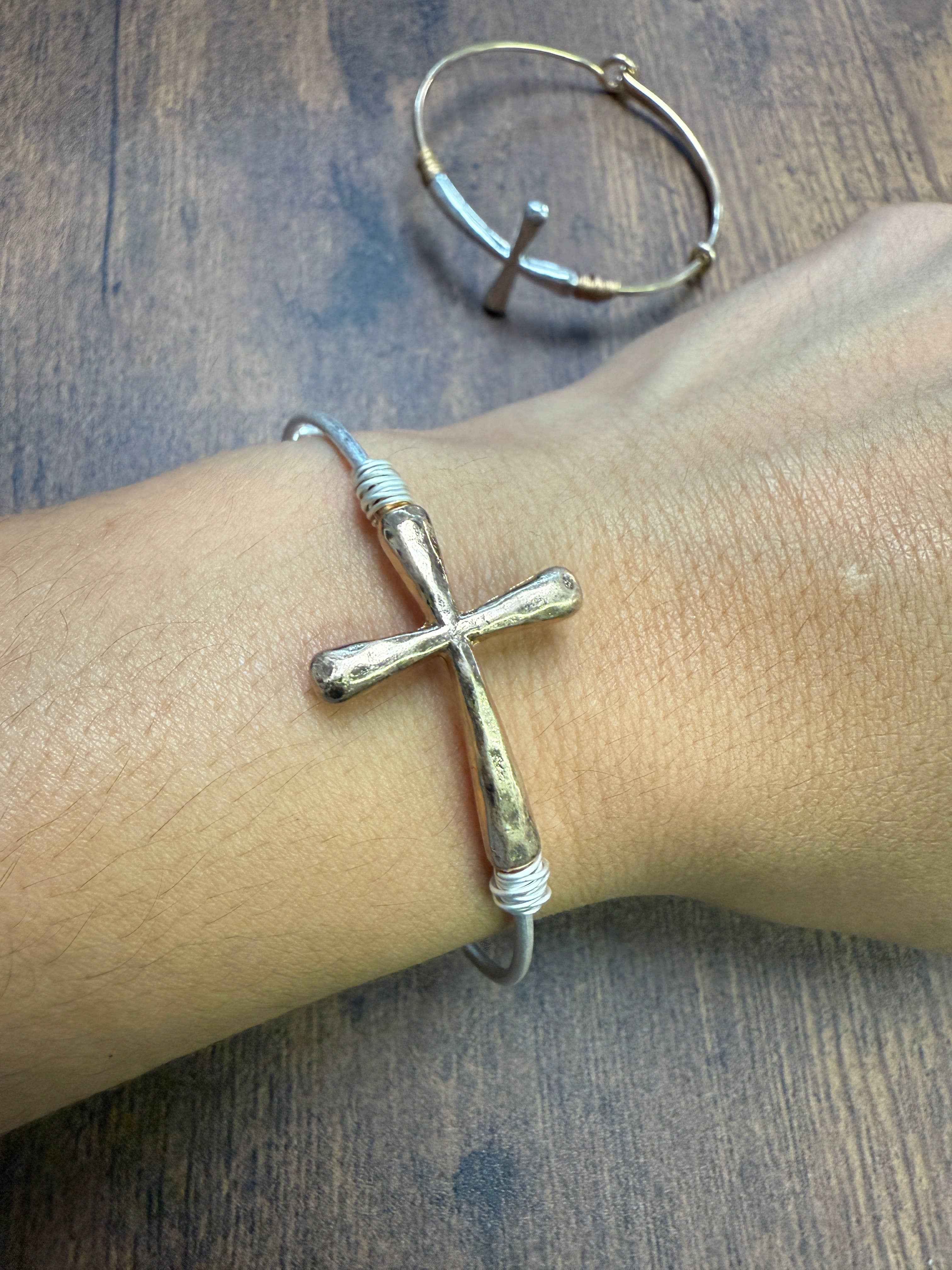 Two-tone Wire Wrapped Cross Bangle Bracelet - Image 2