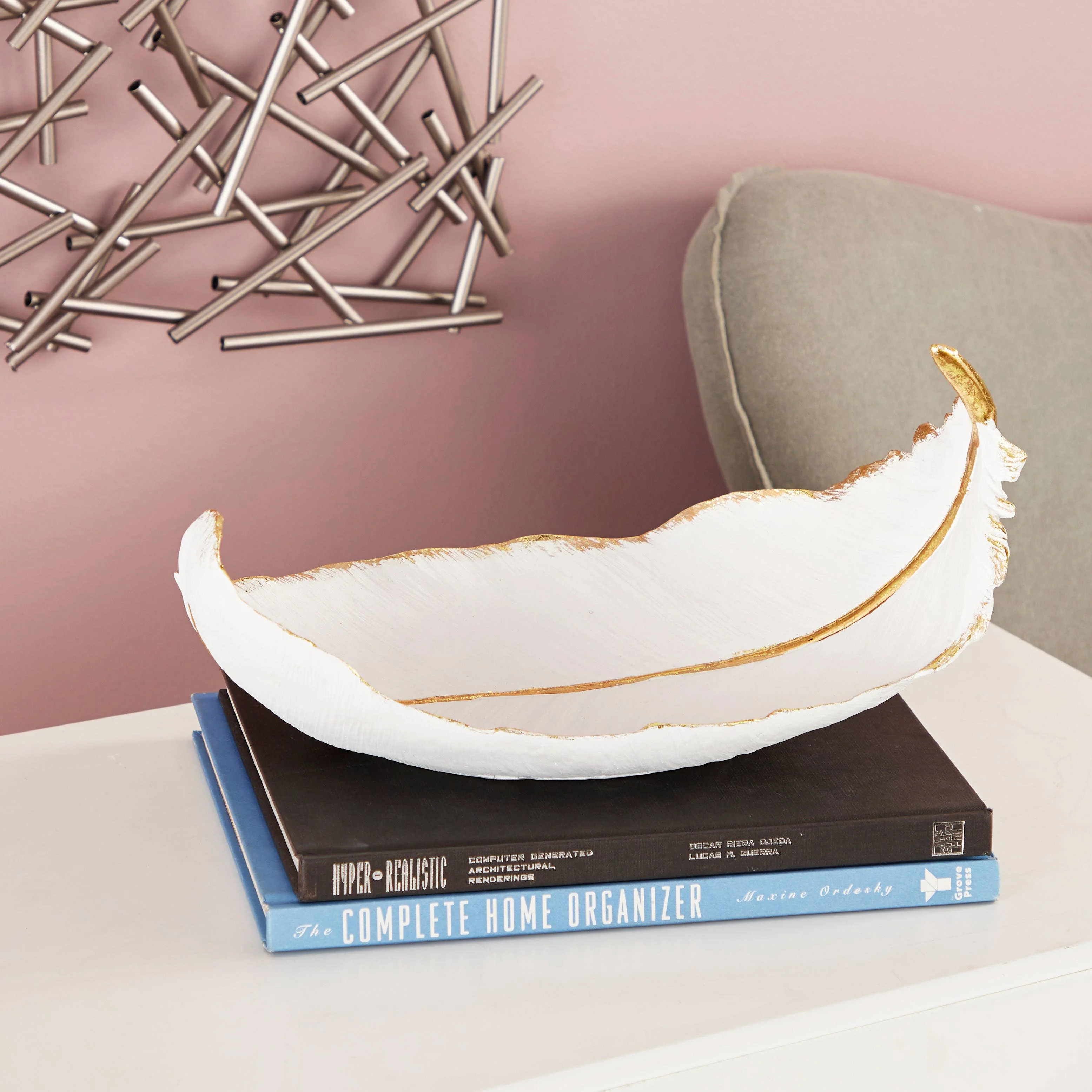 UMA Home Decor - Glam or Traditional Decorative Bowl - White, Gold - Image 3