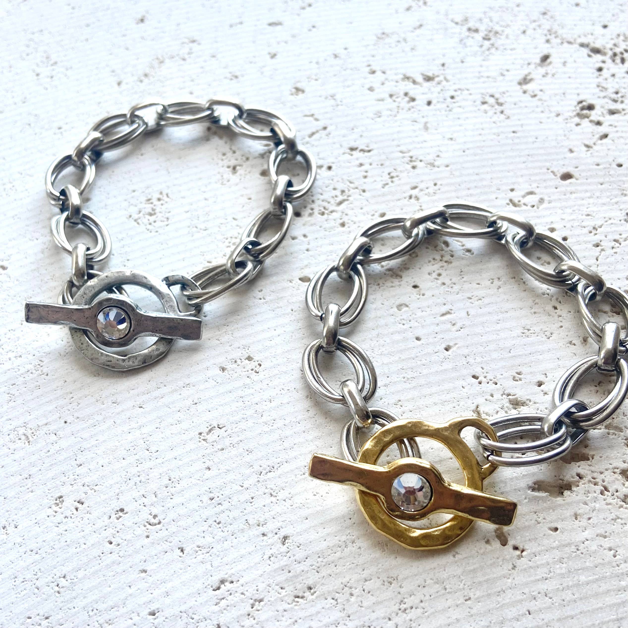 Chunky bracelet hammered hand casted toggle with crystal