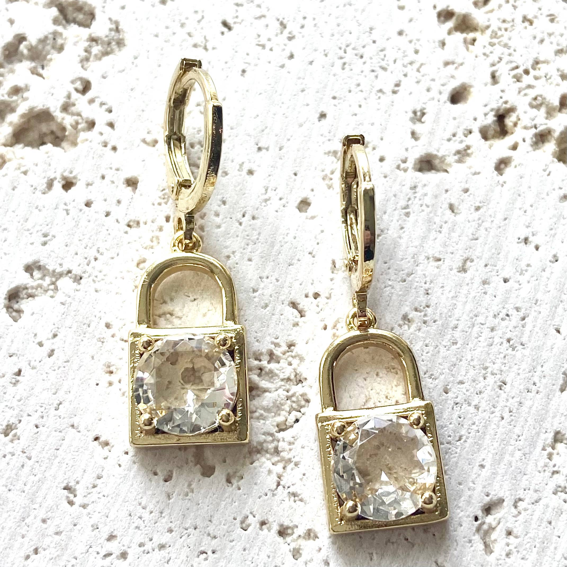 Crystal gold lock earrings boutique designer trendy salon