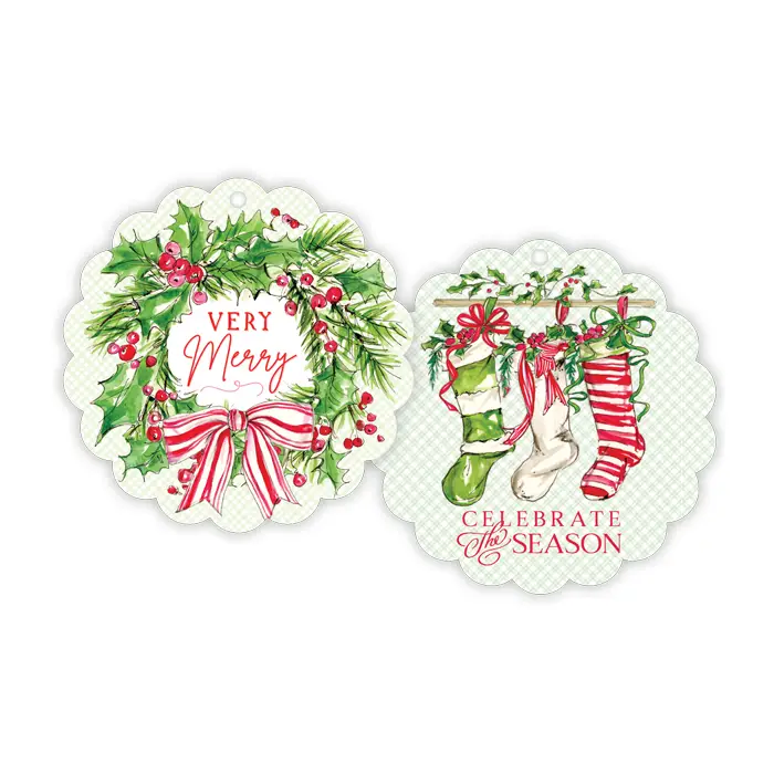 Very Merry Wreath with Striped Red Bow Scalloped Gift Tags