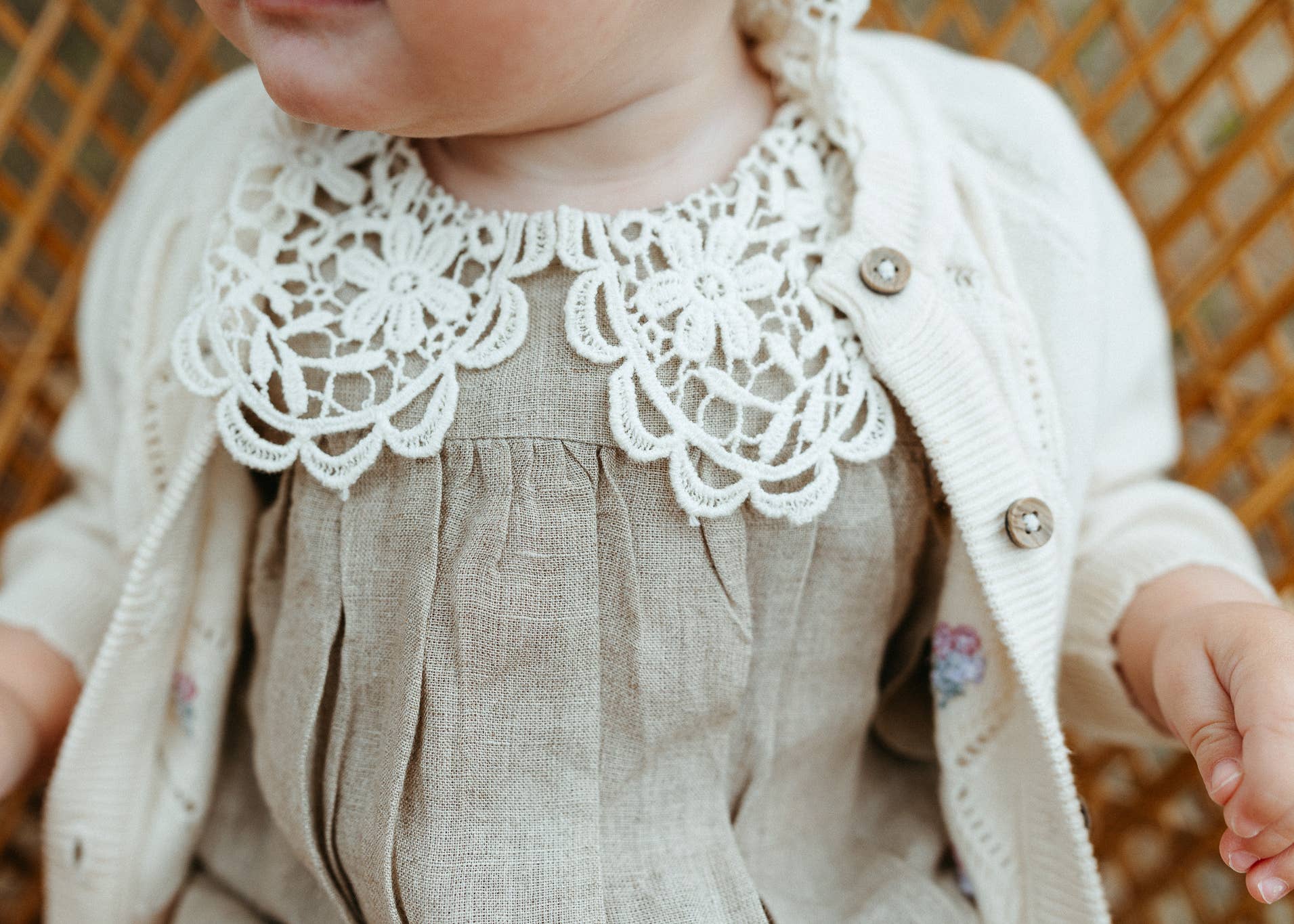 Alba Embroidered Collar Linen Baby Romper (Natural Linen) - Image 9