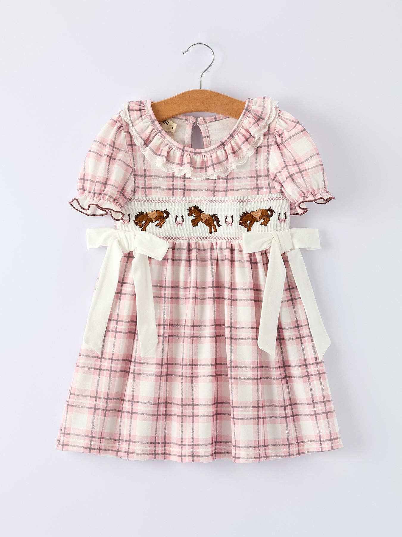 Western Horse Smocked Plaid Girls Dress: 4