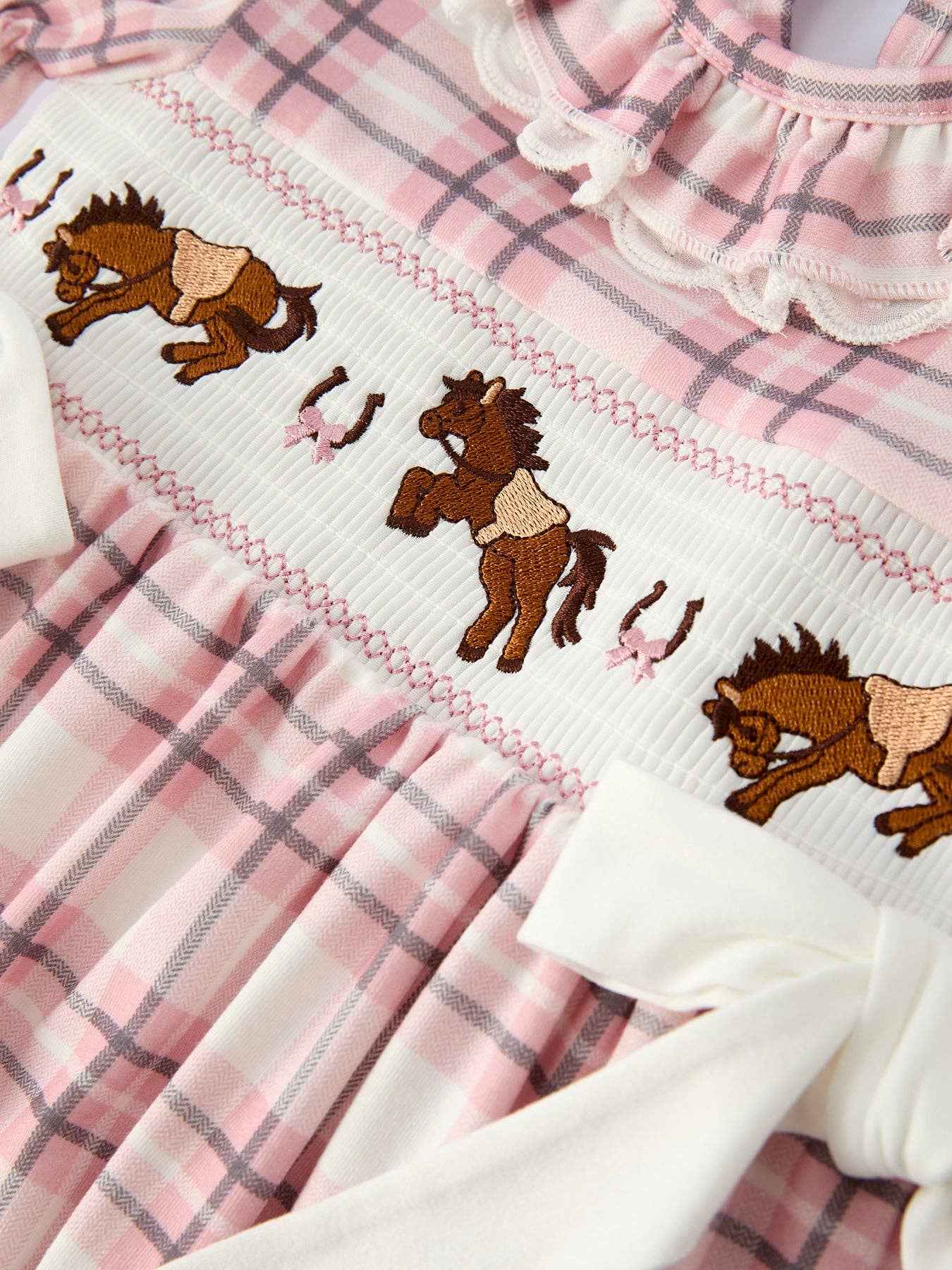 Western Horse Smocked Plaid Girls Dress: 5 - Image 4
