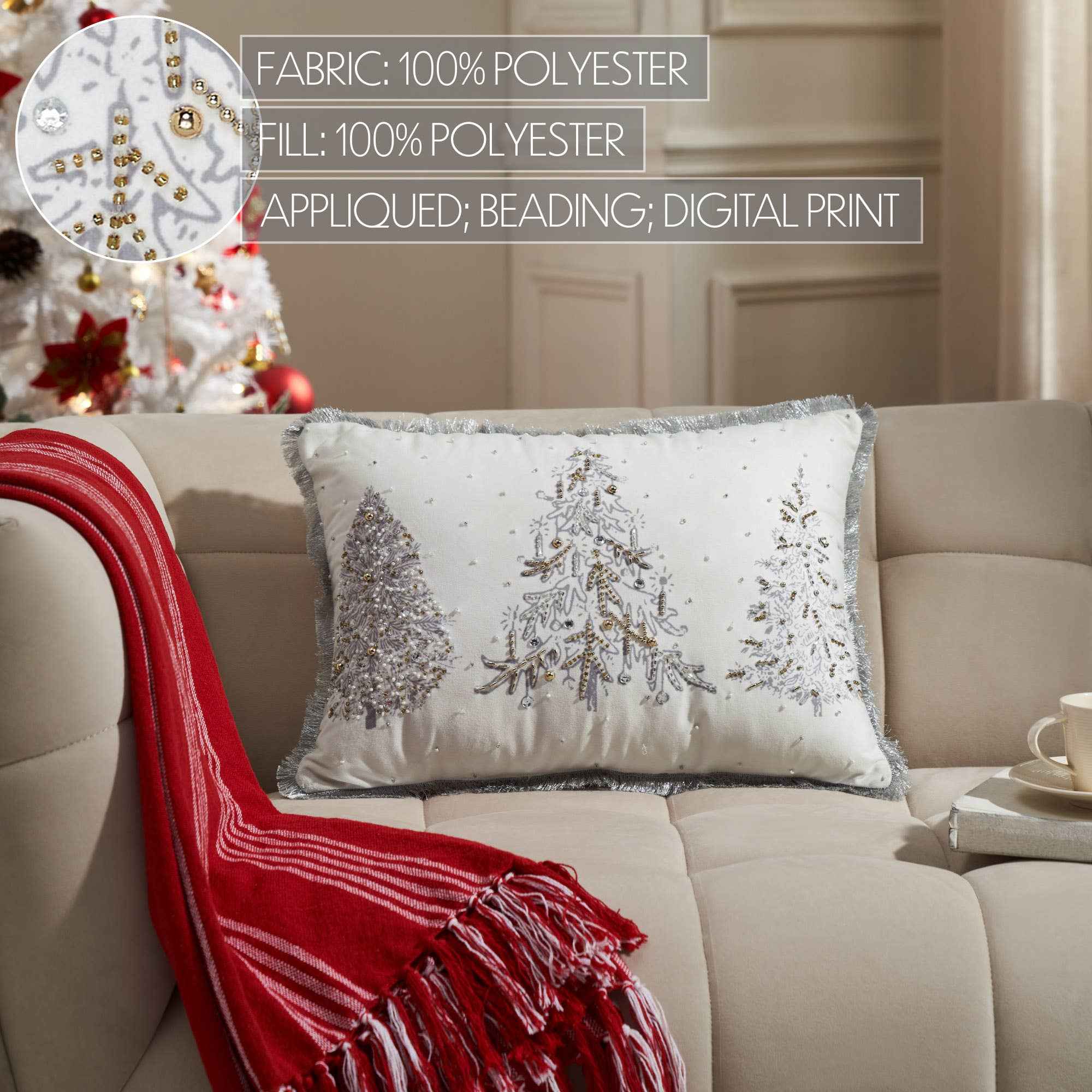 White Christmas Silver and Gold Embroidered Pillow with Beads 14x20 - Image 2