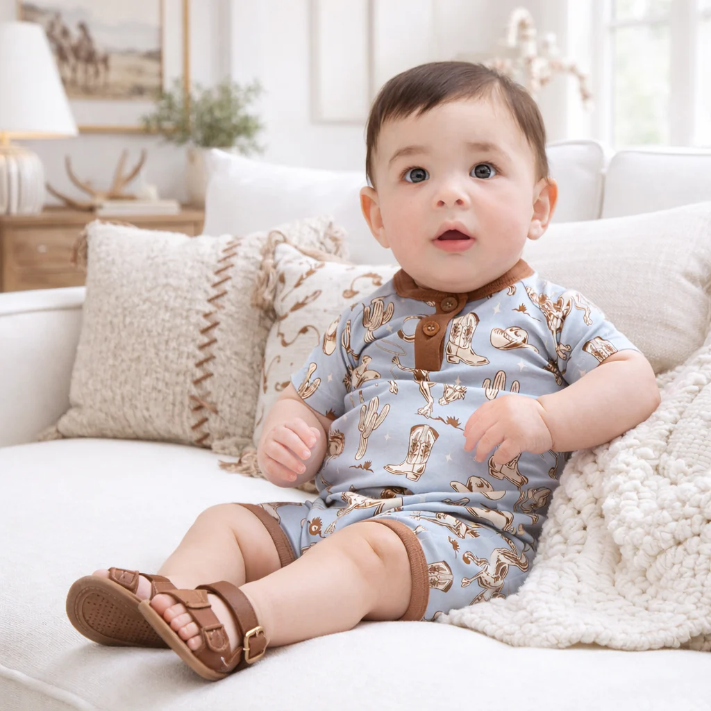 Wild Wrangler/Blue Western Bamboo Shorty Romper - Image 2