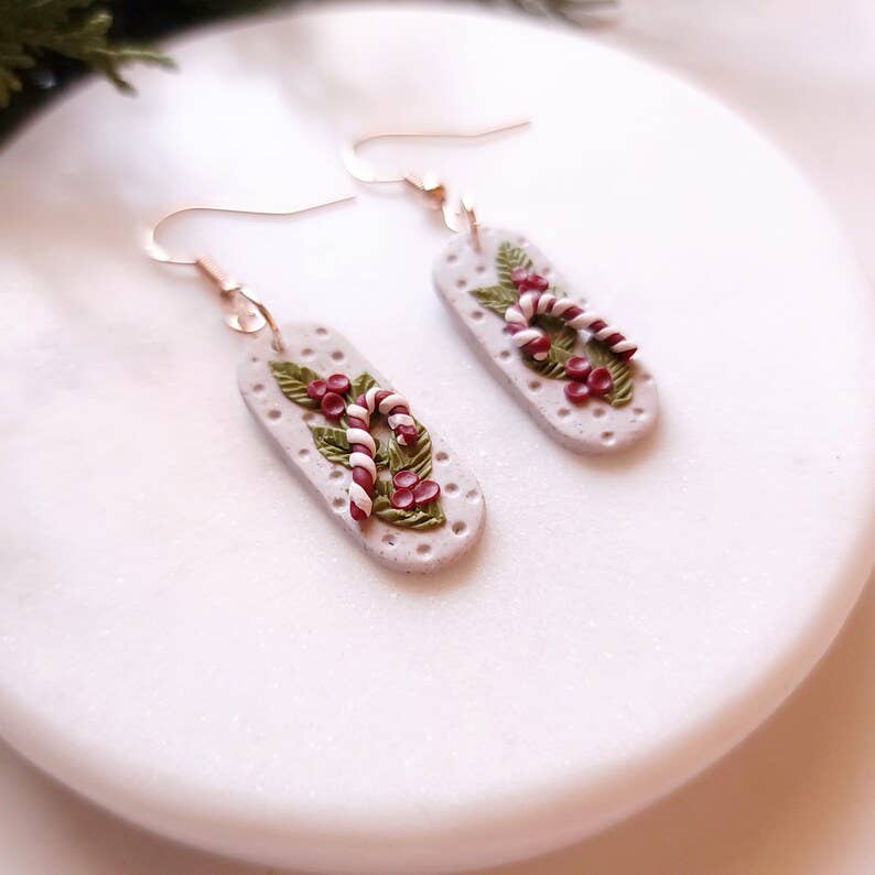 Hand Crafted Candy Cane Holly Leaf Earrings - Image 2